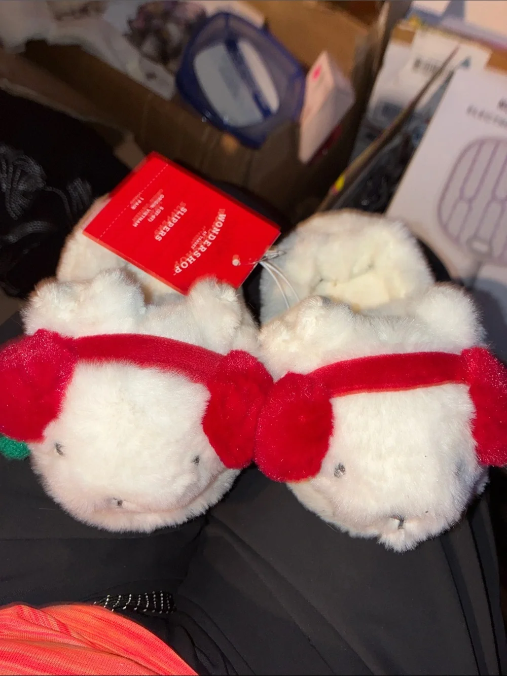 Wondershop White Plush Bunny Slippers with Red Earmuffs